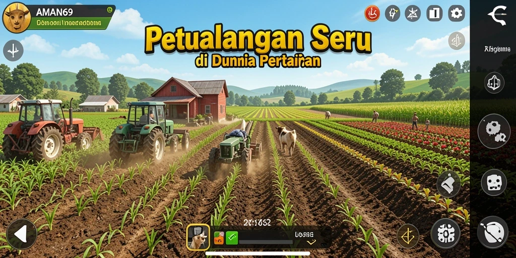 Screenshot gameplay AMAN69 menampilkan kehidupan pertanian yang aktif dan berwarna.