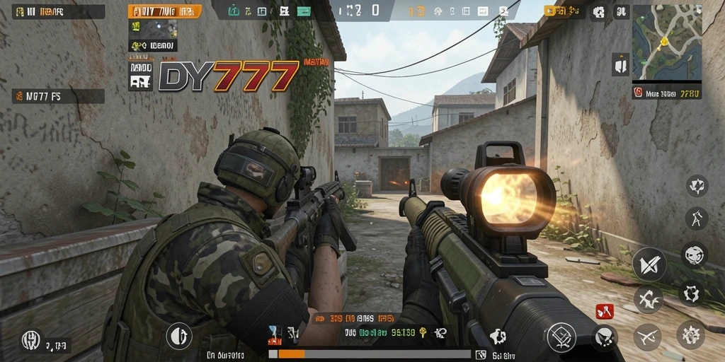 Tampilan gameplay DY777 dengan aksi menembak yang intens.