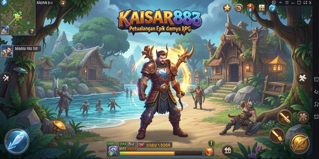 Screenshot gameplay <strong>KAISAR888</strong> menampilkan pertarungan epik dan eksplorasi dunia yang kaya.