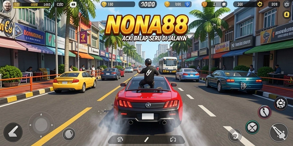 Tampilan gameplay NONA88 saat balapan di trek menegangkan.