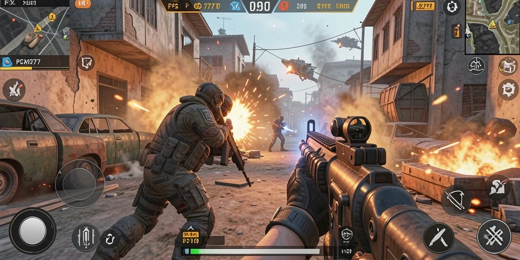 Screenshot menampilkan aksi seru dalam gameplay FPS PCX777.