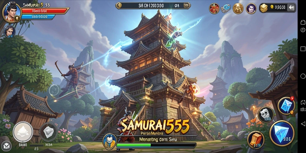 Tangkapan layar gameplay menampilkan serangan menara di SAMURAI555.